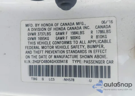 2016 Honda Civic Lx-P z USA, uszkodzony, nr VIN 2HGFC4B04GH309418